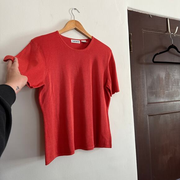 BARRY BRICKEN | 90s Vintage Tomato Red Orange 100% Silk Short Sleeve Sweater XL - Picture 6 of 6